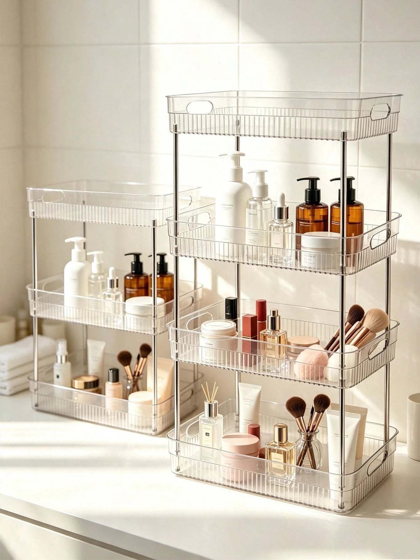 1pc Transparent Bathroom Organizer Rack Plastic Makeup Storage Shelf Skincare Cosmetics Lipstick Holder, Towel Storage Rack, Toothbrush Toothpaste Daily Necessities Storage, Multi-Scene Corner Storage