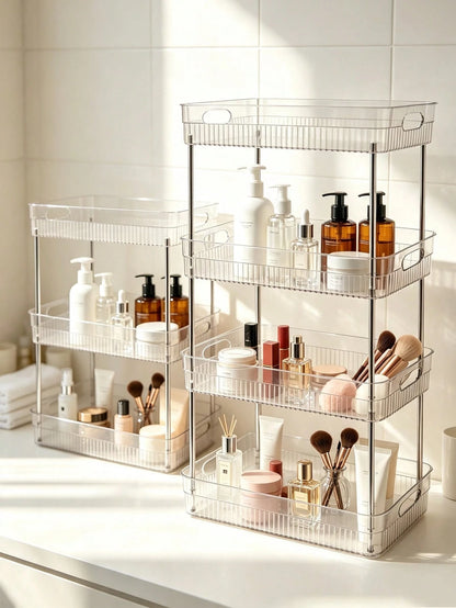 1pc Transparent Bathroom Organizer Rack Plastic Makeup Storage Shelf Skincare Cosmetics Lipstick Holder, Towel Storage Rack, Toothbrush Toothpaste Daily Necessities Storage, Multi-Scene Corner Storage