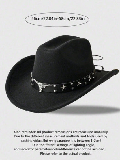 1pc Unisex Bull Head Decor Felt Hat, Casual Cowboy Hat, Elegant Design, Suitable For Travel, Party, Western Cowboy Theme Gathering And Daily Wear