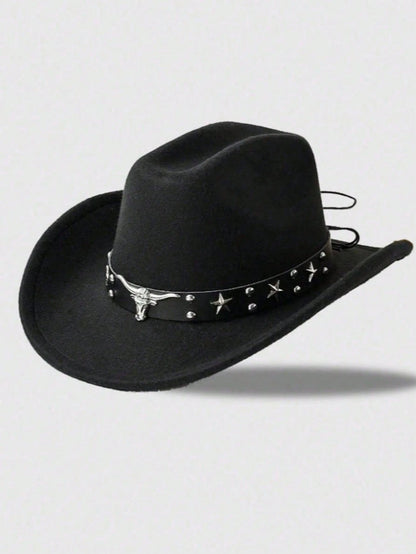 1pc Unisex Bull Head Decor Felt Hat, Casual Cowboy Hat, Elegant Design, Suitable For Travel, Party, Western Cowboy Theme Gathering And Daily Wear