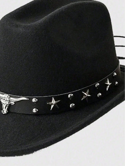 1pc Unisex Bull Head Decor Felt Hat, Casual Cowboy Hat, Elegant Design, Suitable For Travel, Party, Western Cowboy Theme Gathering And Daily Wear