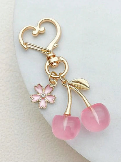 1pc Unisex New Shiny Faux Cherry Keychain Fashionable Delicate 3D Cherry Blossom Decor Bag Charm Jewellery Shine Party Car Accessories For Woman Gifts For Women