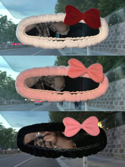 1pc Universal Plush Rearview Mirror Cover, Bow Plush Rearview Mirror Cover, Car Accessories, Car Decoration, Decorative Car, Gift, Protective Rearview Mirror Decorative Cover, Pink Car Rearview Mirror