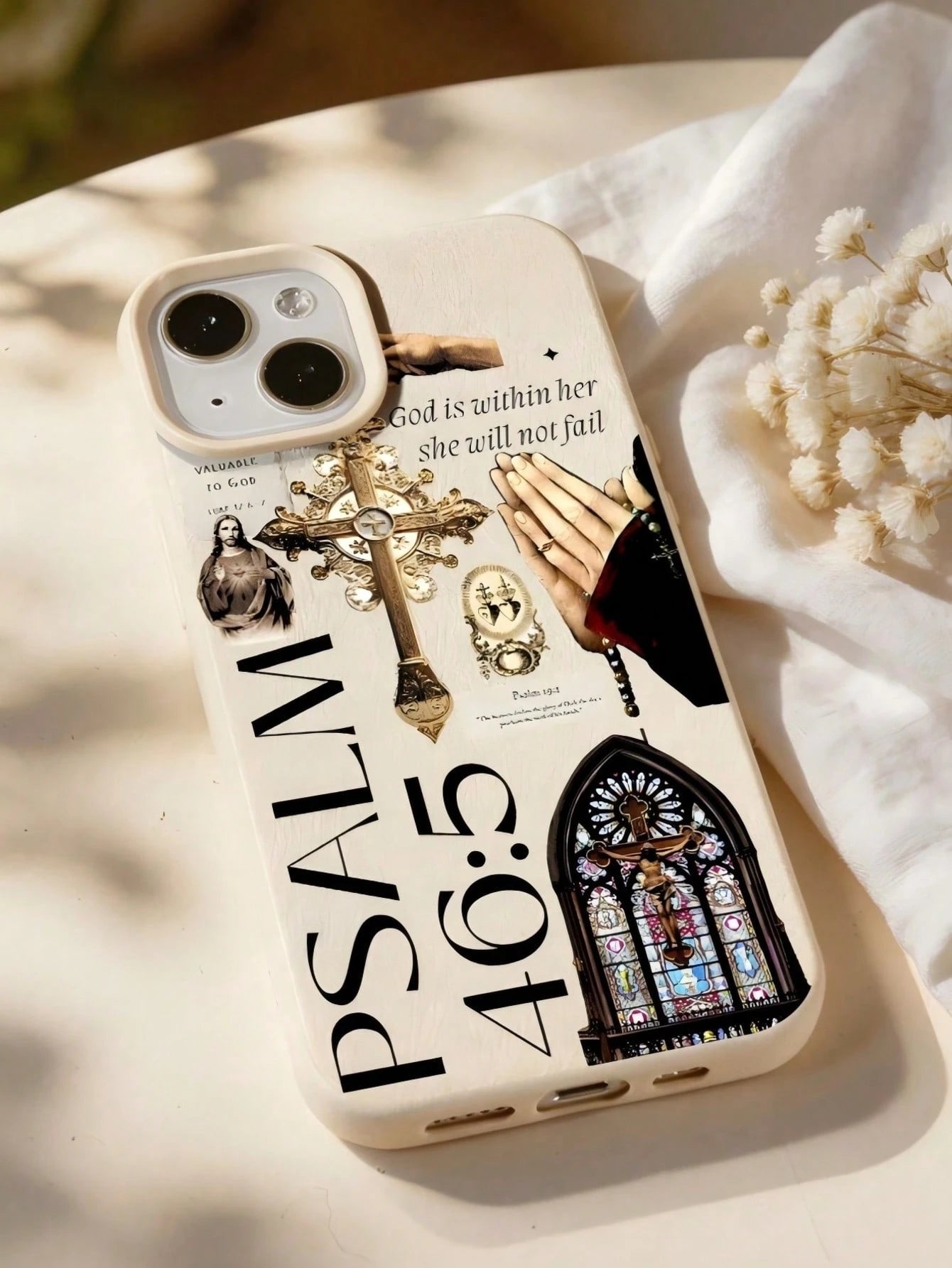 1pc Vintage Religious Collage Psalm Bible Verse Cross Slogan Pattern Large Hole Leather Texture Full Coverage Soft Phone Case Compatible With IPhone 11/12/13/14/15/16/17 Pro Max