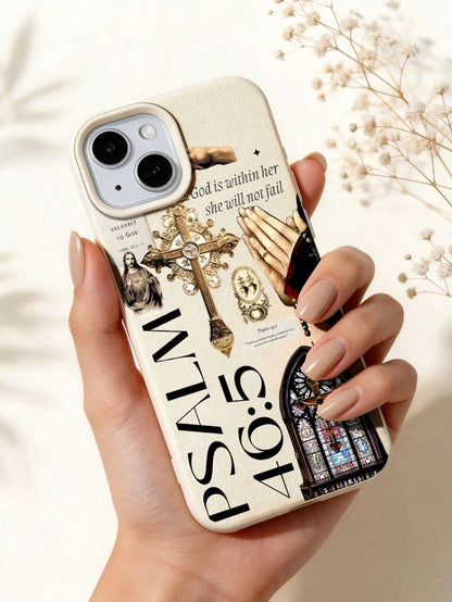 1pc Vintage Religious Collage Psalm Bible Verse Cross Slogan Pattern Large Hole Leather Texture Full Coverage Soft Phone Case Compatible With IPhone 11/12/13/14/15/16/17 Pro Max