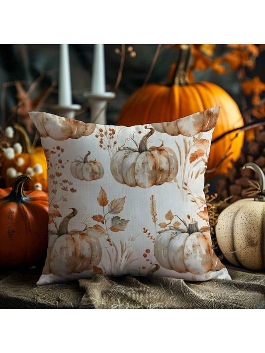 1pc Vintage Watercolor Pumpkin & Fallen Leaves Decorative Pillow Cover, Single-Sided Printed Peach Velvet, 45*45/50*50/40*40CM Cushion Cover Suitable For Modern Minimalist Sofa, Living Room Decor, Gif