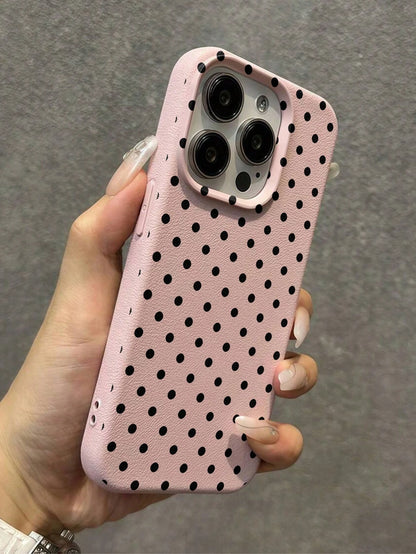 1pc White Polka Dot Pattern, Large Hole Leather Pink Shockproof Phone Case, TPU Material, Can Be Given As A Holiday Gift, Compatible With Apple XS/XS Max/XR/11/12/13/14/15/16 Pro/Pro Max/14/15/16 Plus