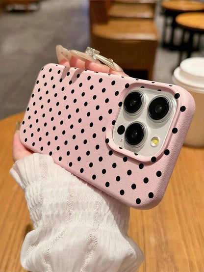 1pc White Polka Dot Pattern, Large Hole Leather Pink Shockproof Phone Case, TPU Material, Can Be Given As A Holiday Gift, Compatible With Apple XS/XS Max/XR/11/12/13/14/15/16 Pro/Pro Max/14/15/16 Plus