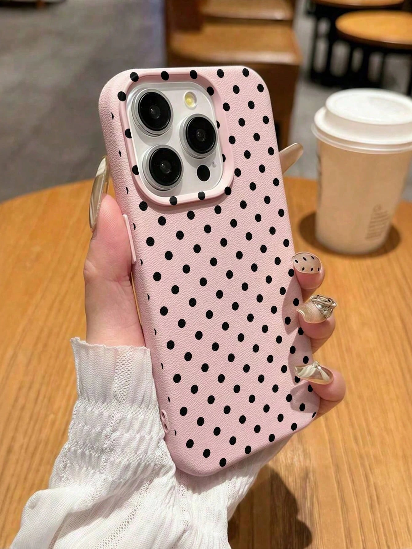 1pc White Polka Dot Pattern, Large Hole Leather Pink Shockproof Phone Case, TPU Material, Can Be Given As A Holiday Gift, Compatible With Apple XS/XS Max/XR/11/12/13/14/15/16 Pro/Pro Max/14/15/16 Plus