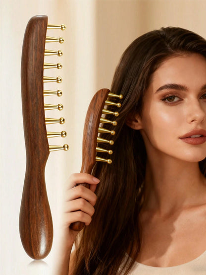 1pc Wide-Tooth Comb, Brass Material Long Handle Large Round Teeth Scalp Massage Brush, Suitable For Curly & Straight Hair Styling, Body Massage Tool
