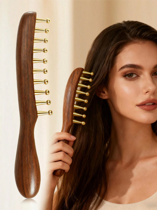 1pc Wide-Tooth Comb, Brass Material Long Handle Large Round Teeth Scalp Massage Brush, Suitable For Curly & Straight Hair Styling, Body Massage Tool