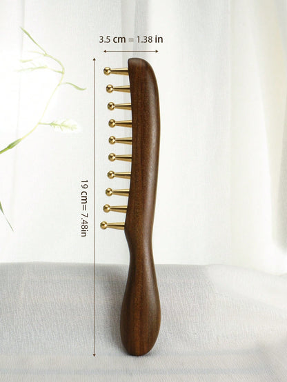 1pc Wide-Tooth Comb, Brass Material Long Handle Large Round Teeth Scalp Massage Brush, Suitable For Curly & Straight Hair Styling, Body Massage Tool