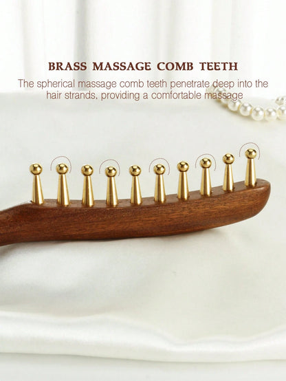 1pc Wide-Tooth Comb, Brass Material Long Handle Large Round Teeth Scalp Massage Brush, Suitable For Curly & Straight Hair Styling, Body Massage Tool