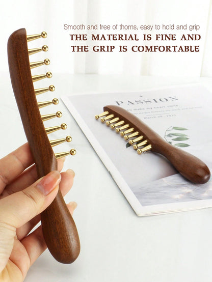 1pc Wide-Tooth Comb, Brass Material Long Handle Large Round Teeth Scalp Massage Brush, Suitable For Curly & Straight Hair Styling, Body Massage Tool