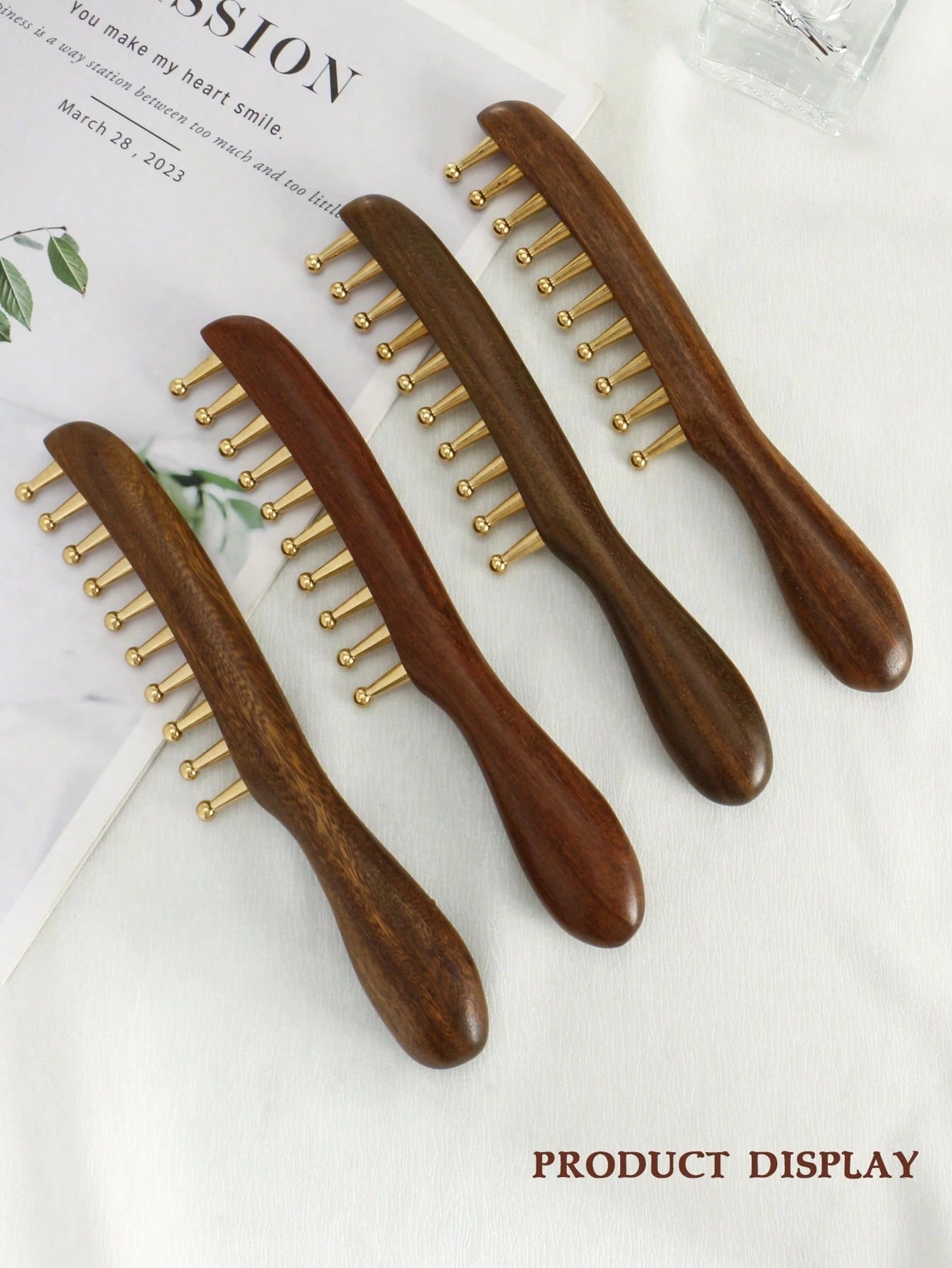 1pc Wide-Tooth Comb, Brass Material Long Handle Large Round Teeth Scalp Massage Brush, Suitable For Curly & Straight Hair Styling, Body Massage Tool