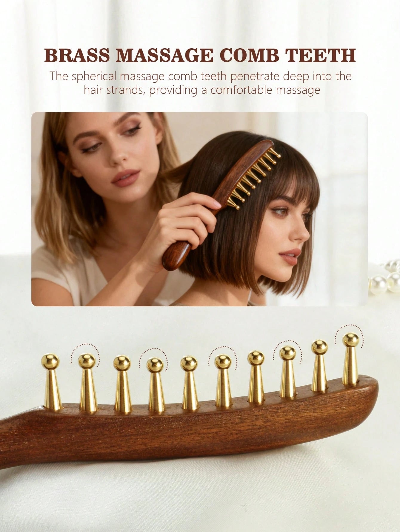 1pc Wide-Tooth Comb, Brass Material Long Handle Large Round Teeth Scalp Massage Brush, Suitable For Curly & Straight Hair Styling, Body Massage Tool