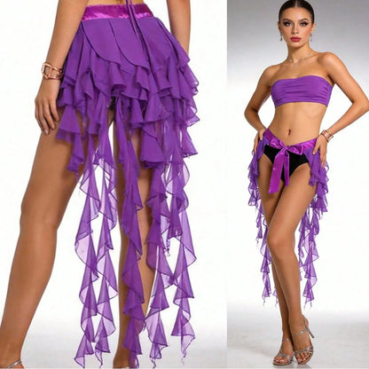 1pc Women's Belly Dance Outfit Hip Scarf Belt Skirt With Lace-Up Tassel Hem Wave Sequin Skirt Style, Dance Costume In Saree Sari Style For Rave Performance. Suitable For Festivals, Parties, Nightlife