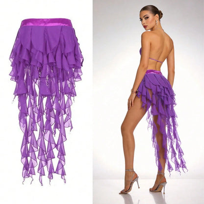 1pc Women's Belly Dance Outfit Hip Scarf Belt Skirt With Lace-Up Tassel Hem Wave Sequin Skirt Style, Dance Costume In Saree Sari Style For Rave Performance. Suitable For Festivals, Parties, Nightlife
