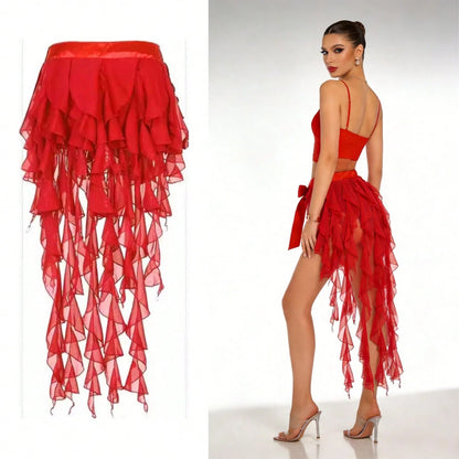 1pc Women's Belly Dance Outfit Hip Scarf Belt Skirt With Lace-Up Tassel Hem Wave Sequin Skirt Style, Dance Costume In Saree Sari Style For Rave Performance. Suitable For Festivals, Parties, Nightlife