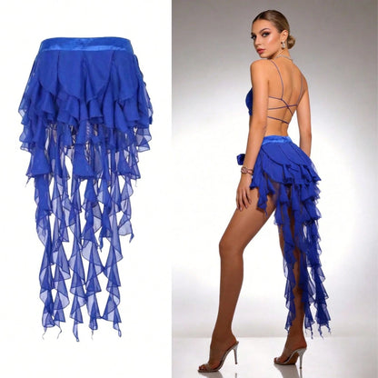 1pc Women's Belly Dance Outfit Hip Scarf Belt Skirt With Lace-Up Tassel Hem Wave Sequin Skirt Style, Dance Costume In Saree Sari Style For Rave Performance. Suitable For Festivals, Parties, Nightlife