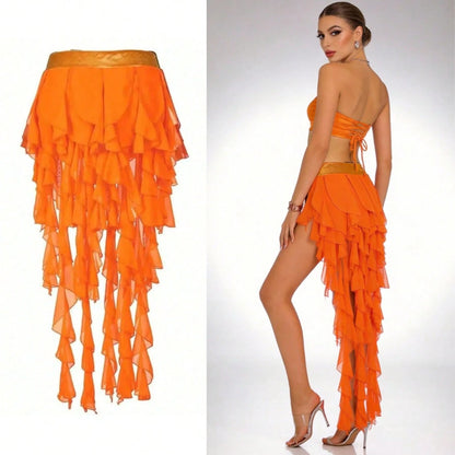 1pc Women's Belly Dance Outfit Hip Scarf Belt Skirt With Lace-Up Tassel Hem Wave Sequin Skirt Style, Dance Costume In Saree Sari Style For Rave Carnival Performance. Suitable For Festivals, Parties, N
