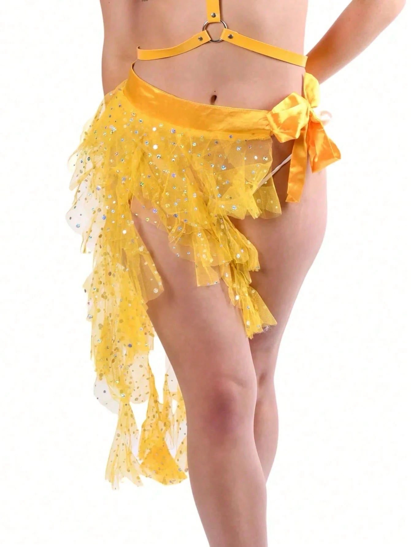 1pc Women's Belly Dance Outfit Hip Scarf Belt Skirt With Lace-Up Tassel Hem Wave Sequin Skirt Style, Dance Costume In Saree Sari Style For Rave Performance. Suitable For Festivals, Parties, Nightlife