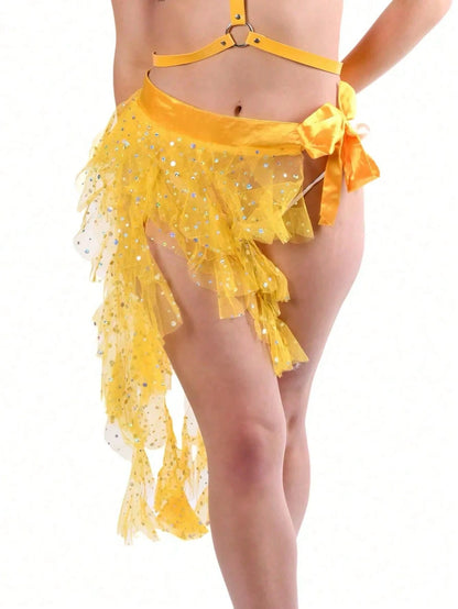 1pc Women's Belly Dance Outfit Hip Scarf Belt Skirt With Lace-Up Tassel Hem Wave Sequin Skirt Style, Dance Costume In Saree Sari Style For Rave Performance. Suitable For Festivals, Parties, Nightlife