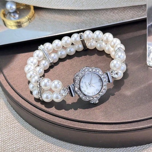 1pc Women's Double Row Big Pearl Elastic Rhinestone Decorated Alloy Case Arabic Numeral Dial Casual Quartz Watch