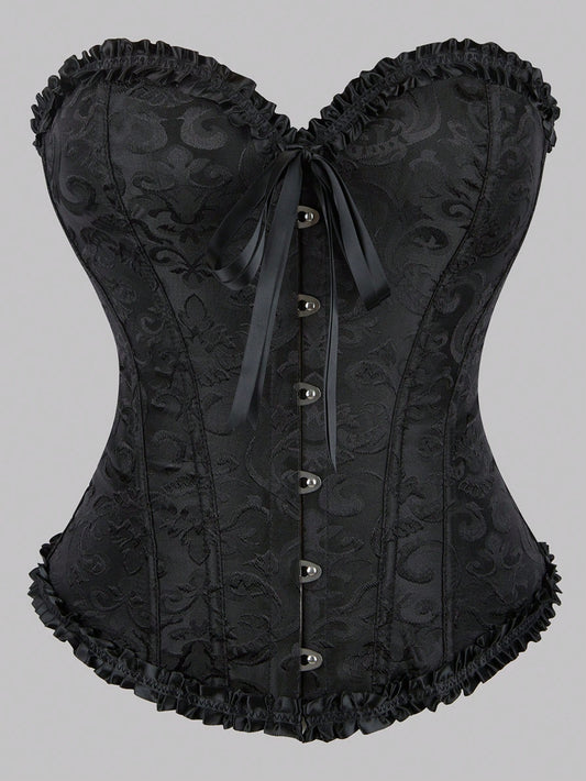 1pc Women's European And American Corset Vintage Bustier, Solid Color Jacquard Lace Trim Back Lacing Waist Trainer, Abdomen Support, Bone Pressing Garment For Evening Party Wedding Dress, Body Shaper