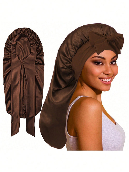 1pc Women's Long Satin Faux Silk Bow Sleeping Cap, Large Size Braided Curly Hair Sleep Hat, Suitable For Sleeping And Daily Beauty Use