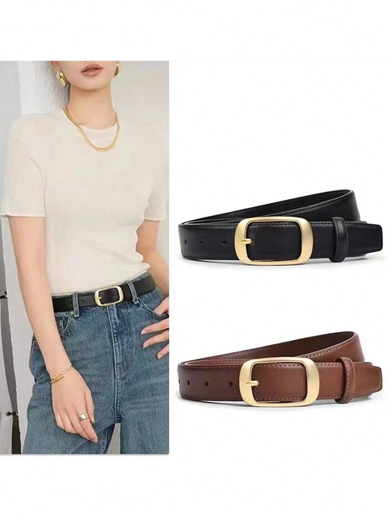 1pc Women's Metal Small Square Buckle PU Leather Belt,Simple & Fashionable, Suitable For Jeans, Trousers, Coats, Dresses, Etc. Summer, School,Halloween