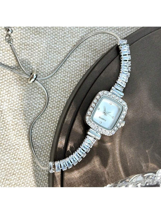 1pc Women's Silver Tone Cubic Zirconia Embellished Adjustable Bracelet Watch With Square Alloy Case, Rhinestone Accented Minimalist Dial, Elegant Quartz Movement