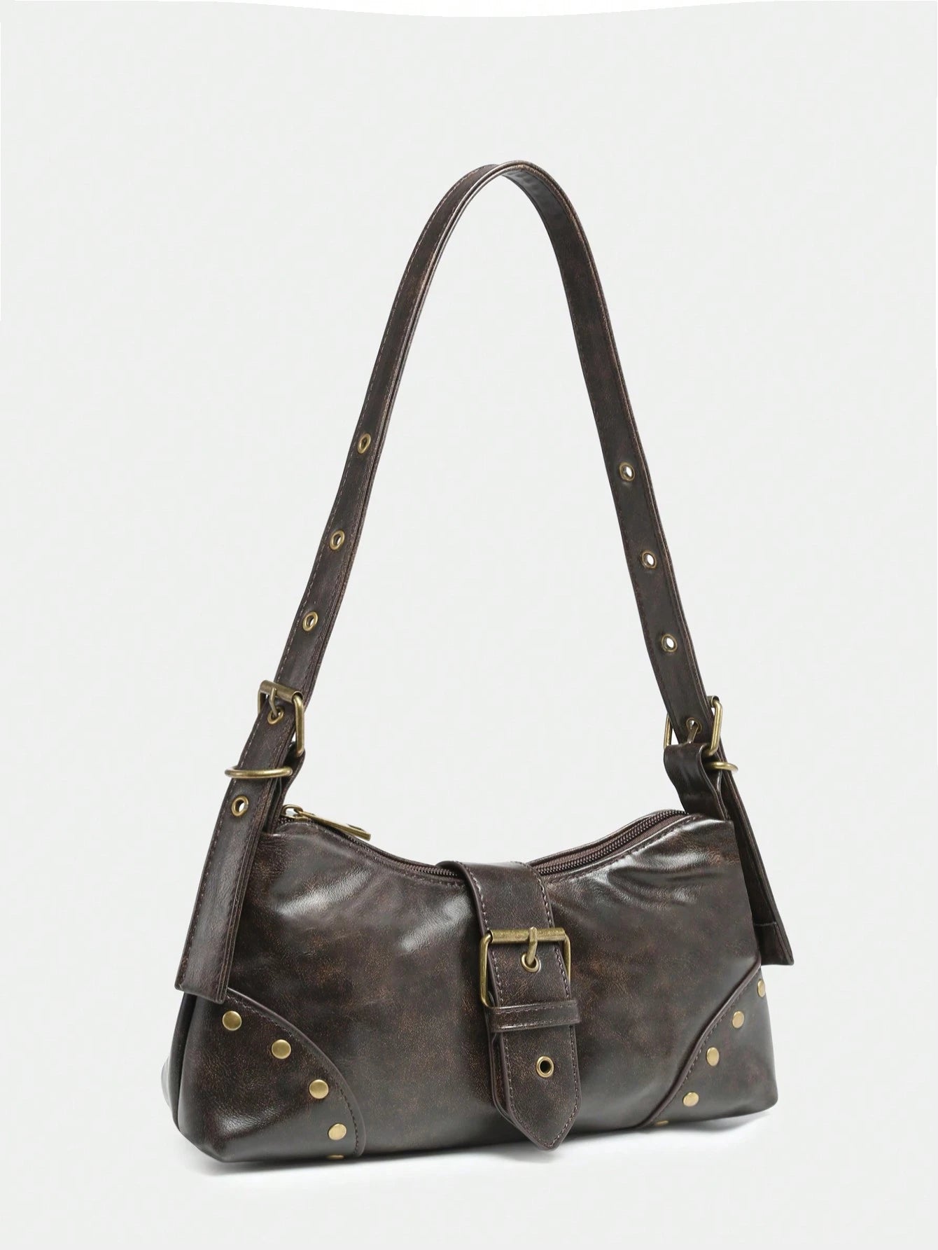 1pc Women's Vintage Melade Angola Red Distressed Leather Leopard Print Motorcycle Bag With Rivet & Buckle Decor, Shoulder/Underarm/Baguette/Square Bag Suitable For Work, Commute, Date, Party