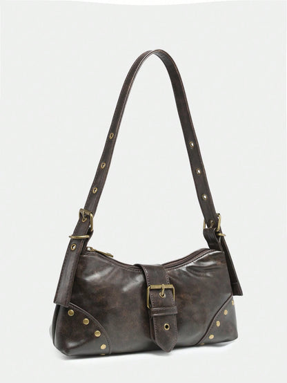 1pc Women's Vintage Melade Angola Red Distressed Leather Leopard Print Motorcycle Bag With Rivet & Buckle Decor, Shoulder/Underarm/Baguette/Square Bag Suitable For Work, Commute, Date, Party