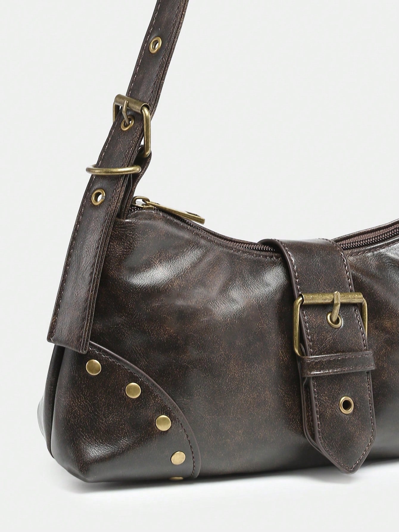 1pc Women's Vintage Melade Angola Red Distressed Leather Leopard Print Motorcycle Bag With Rivet & Buckle Decor, Shoulder/Underarm/Baguette/Square Bag Suitable For Work, Commute, Date, Party