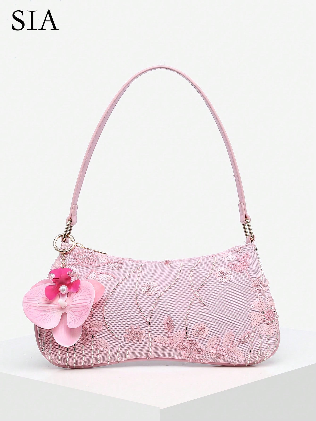 1pc Women's Vintage Vacation Marine Life & Floral Beaded Faux Fur Tail Woven Pendant Shoulder Underarm Baguette Bag, Suitable For Dating, Outing, Vacation