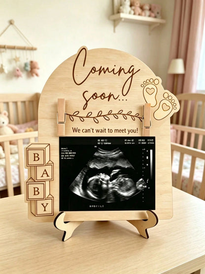 1pc Wooden Baby Ultrasound Photo Frame Stand, Pregnancy Announcement Or Baby Birth Commemorative Decor, Pregnancy Keepsake Photo Frame, Suitable As Gift For Mom, Wife, Girlfriend, Dad, Best Friend, Ba