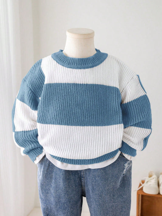 1pc Young Boys Casual Sports Comfortable Warm Contrast Color Round Neck Loose Knit Sweater, Suitable For School, Daily Gatherings, Autumn/Winter