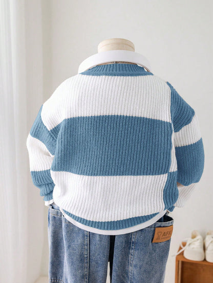 1pc Young Boys Casual Sports Comfortable Warm Contrast Color Round Neck Loose Knit Sweater, Suitable For School, Daily Gatherings, Autumn/Winter