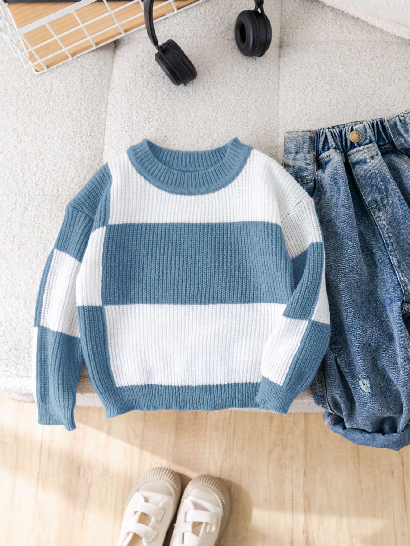 1pc Young Boys Casual Sports Comfortable Warm Contrast Color Round Neck Loose Knit Sweater, Suitable For School, Daily Gatherings, Autumn/Winter