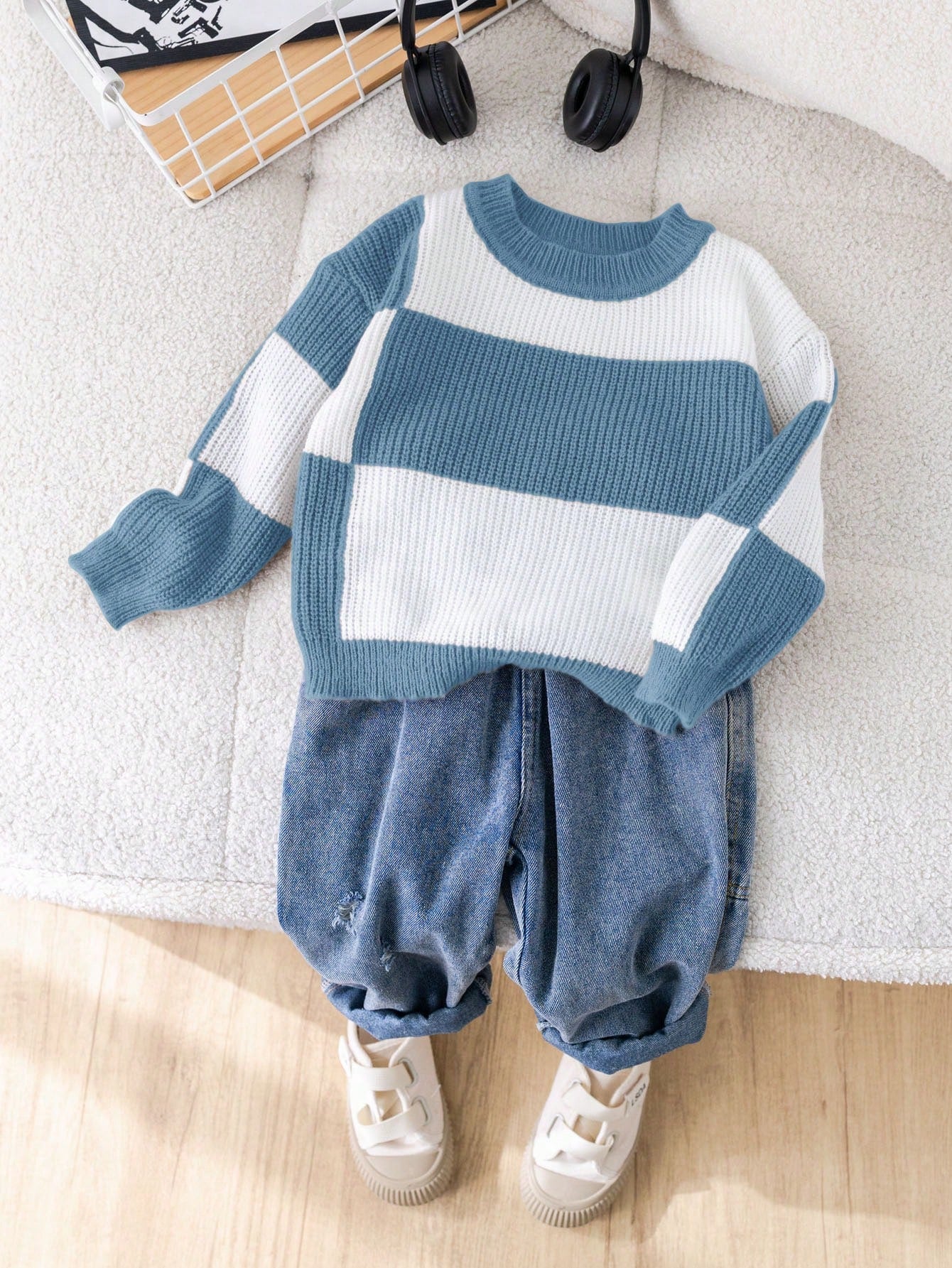 1pc Young Boys Casual Sports Comfortable Warm Contrast Color Round Neck Loose Knit Sweater, Suitable For School, Daily Gatherings, Autumn/Winter
