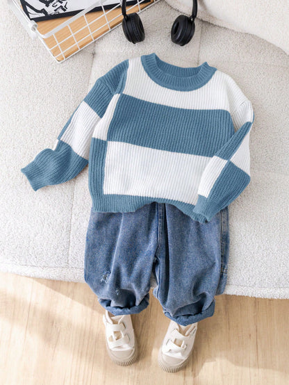 1pc Young Boys Casual Sports Comfortable Warm Contrast Color Round Neck Loose Knit Sweater, Suitable For School, Daily Gatherings, Autumn/Winter