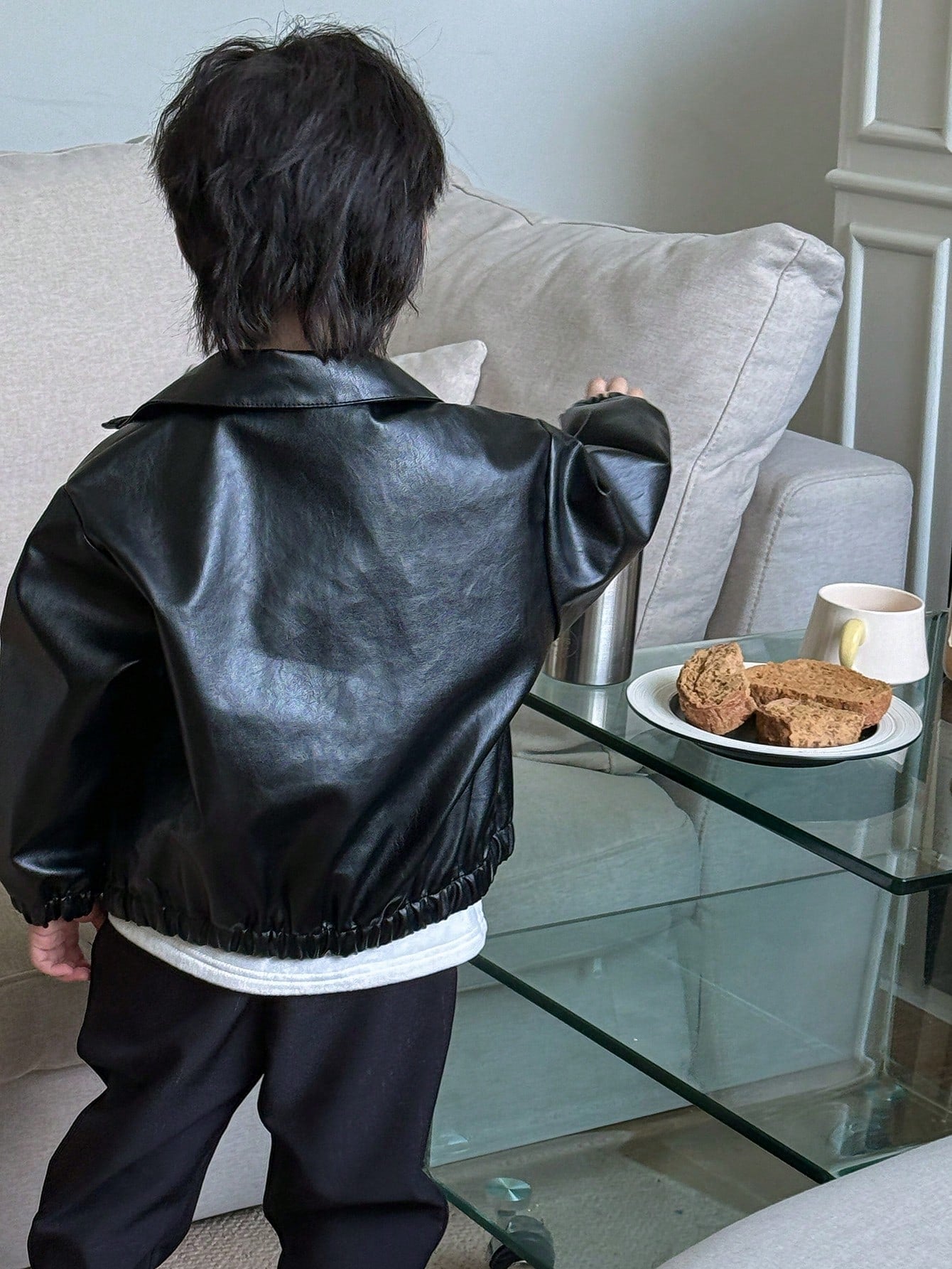 1pc Young Boys PU Leather Bomber Jacket,Winter Oversized Vintage Preppy Varsity Jacket With Flap Pocket,Turn-Down Collar Children Clothing For Autumn