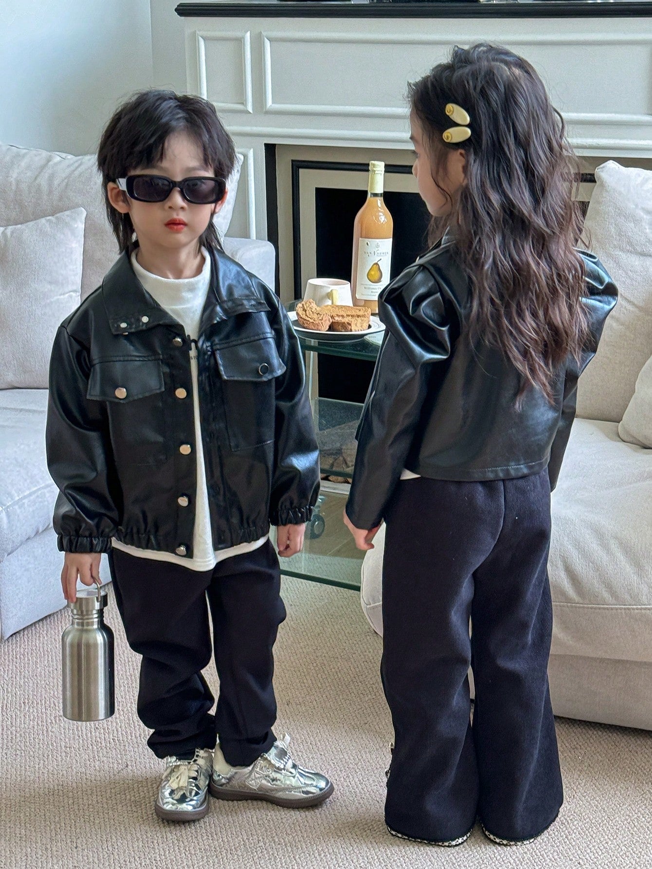 1pc Young Boys PU Leather Bomber Jacket,Winter Oversized Vintage Preppy Varsity Jacket With Flap Pocket,Turn-Down Collar Children Clothing For Autumn