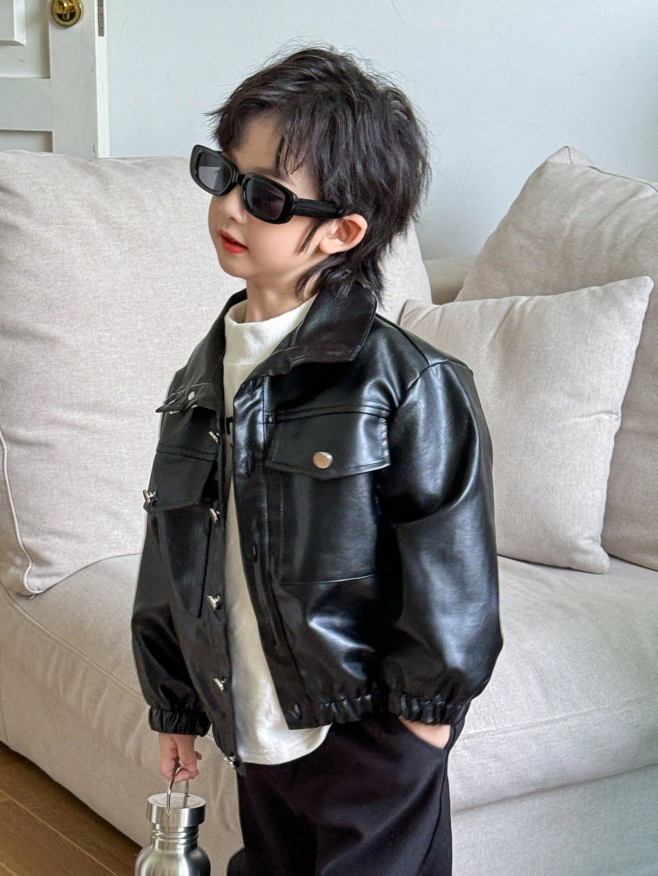 1pc Young Boys PU Leather Bomber Jacket,Winter Oversized Vintage Preppy Varsity Jacket With Flap Pocket,Turn-Down Collar Children Clothing For Autumn