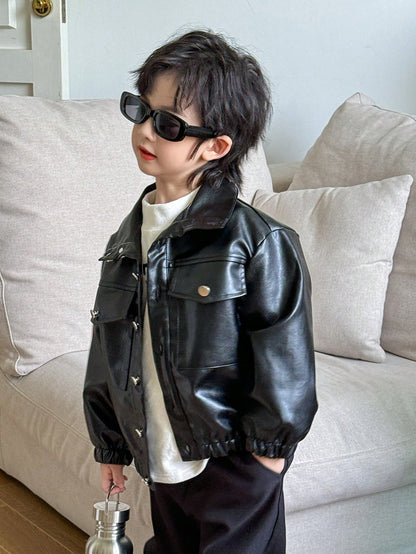 1pc Young Boys PU Leather Bomber Jacket,Winter Oversized Vintage Preppy Varsity Jacket With Flap Pocket,Turn-Down Collar Children Clothing For Autumn