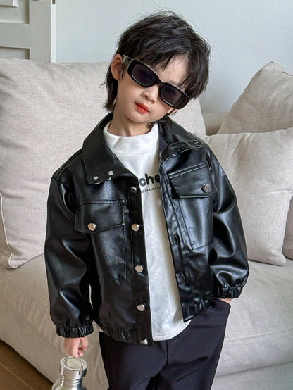 1pc Young Boys PU Leather Bomber Jacket,Winter Oversized Vintage Preppy Varsity Jacket With Flap Pocket,Turn-Down Collar Children Clothing For Autumn