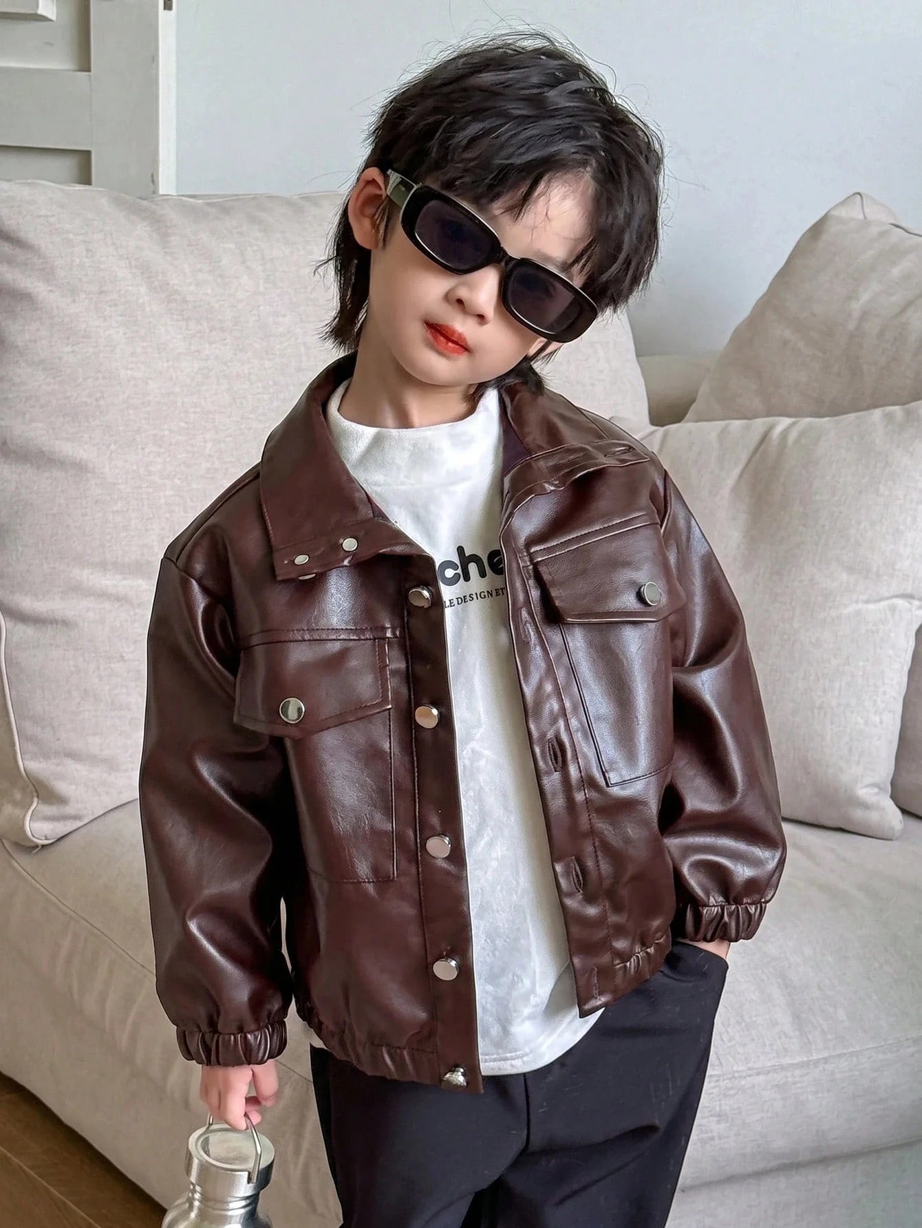 1pc Young Boys PU Leather Bomber Jacket,Winter Oversized Vintage Preppy Varsity Jacket With Flap Pocket,Turn-Down Collar Children Clothing For Autumn
