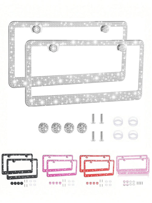1PCS/2PCS Bling Rhinestone License Plate Frame – Lasting Sparkle With Multifaceted Diamonds| Stainless Steel Construction, Obstruction-Free Design| Includes Glittery Crystal Screw Caps For Full Blin