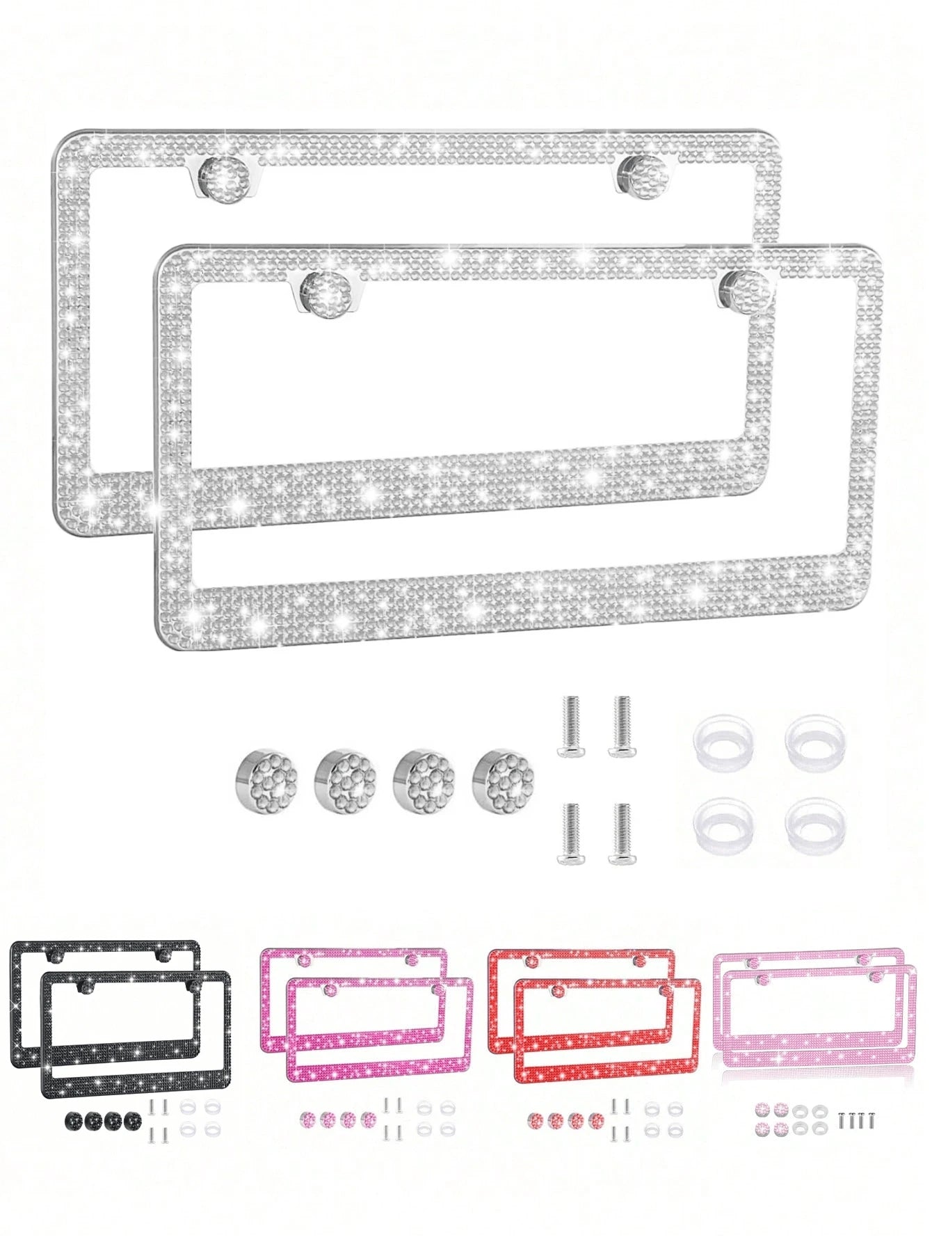 1PCS/2PCS Bling Rhinestone License Plate Frame – Lasting Sparkle With Multifaceted Diamonds| Stainless Steel Construction, Obstruction-Free Design| Includes Glittery Crystal Screw Caps For Full Blin